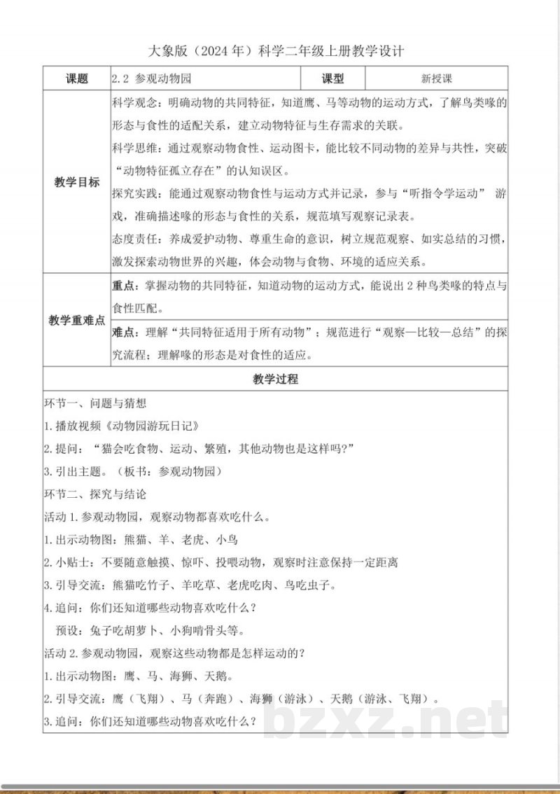 2.2 参观动物园（教学设计）科学大象版二年级上册2025