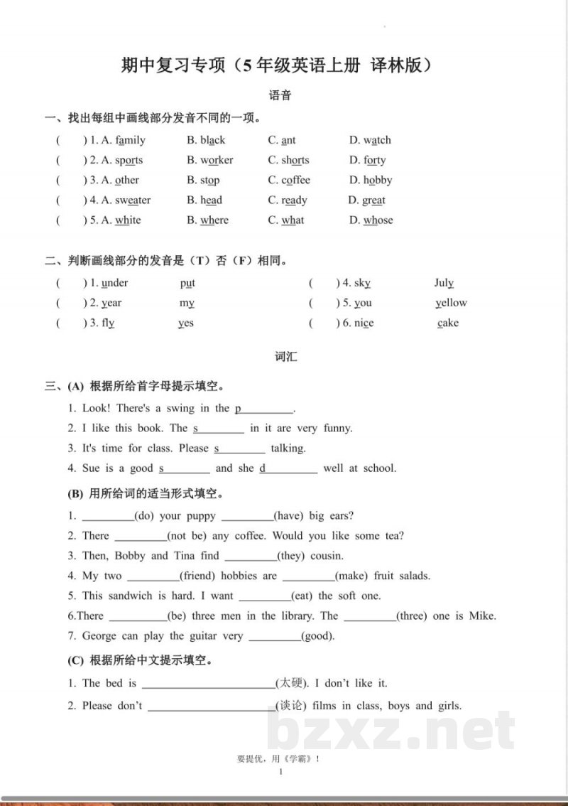 五年级英语上册(译林版)期中复习专项 五年级英语上册(译林版)期中复习专项
