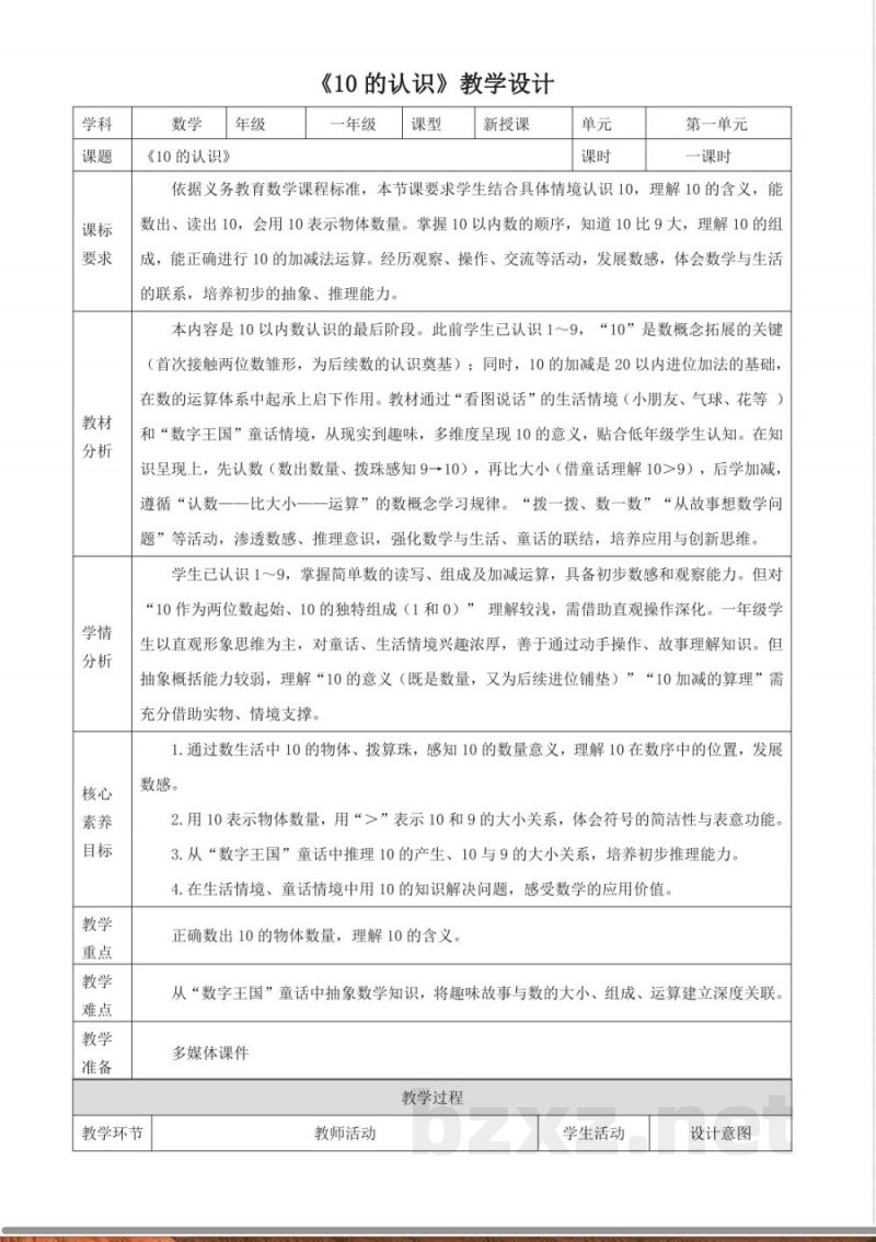 2025冀教版数学一年级上册1.14《10的认识》(教案) 2025冀教版数学一年级上册1.14《10的认识》(教案)
