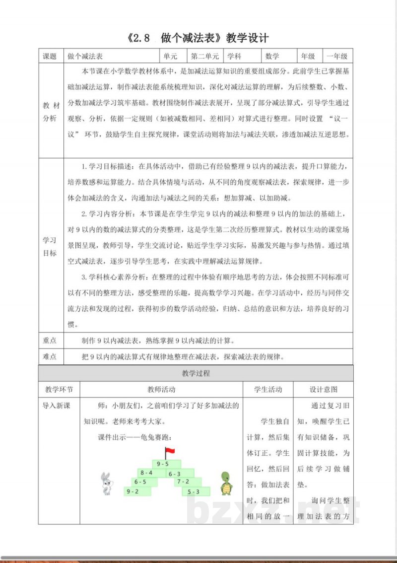 2025西师大版数学一年级上册2.8《做个减法表》(教案) 2025西师大版数学一年级上册2.8《做个减法表》(教案)