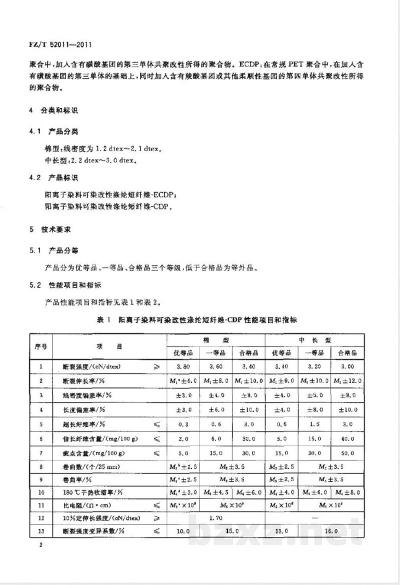 FZ/T 52011-2011阳离子染料可染改性涤纶短纤维 FZ/T 52011-2011阳离子染料可染改性涤纶短纤维