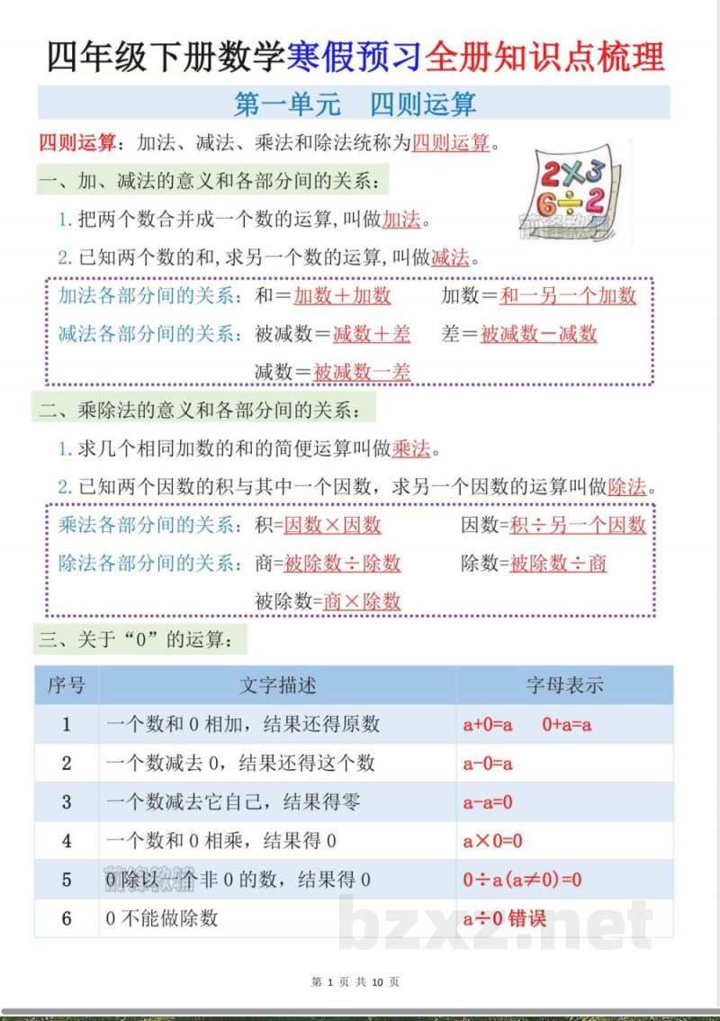 四年级下册数学寒假预习全册知识点梳理 四年级下册数学寒假预习全册知识点梳理