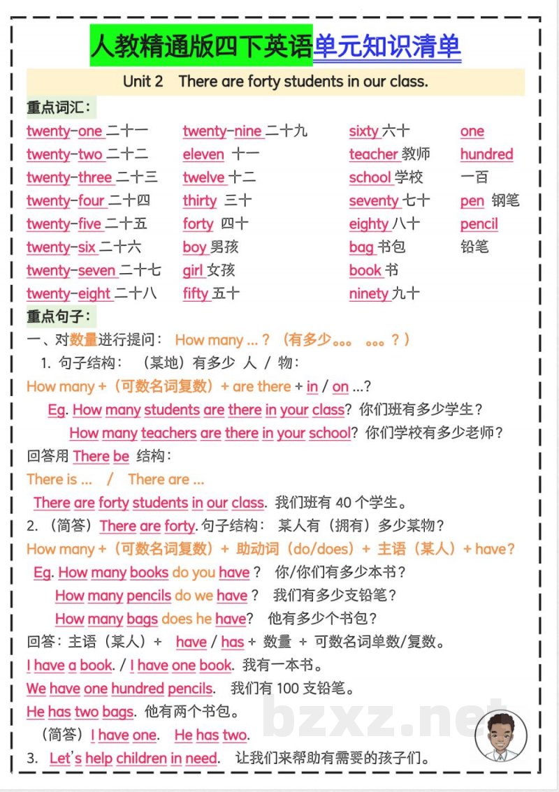 四年级下册英语单元知识清单人教精通版 四年级下册英语单元知识清单人教精通版