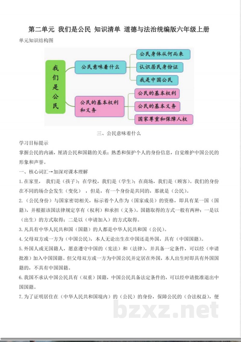 第二单元 我们是公民(知识清单) 道德与法治统编版六年级上册