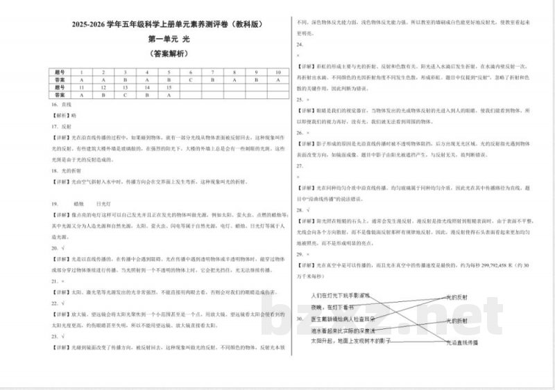 第一单元 光（单元测试）科学教科版五年级上册 A3版