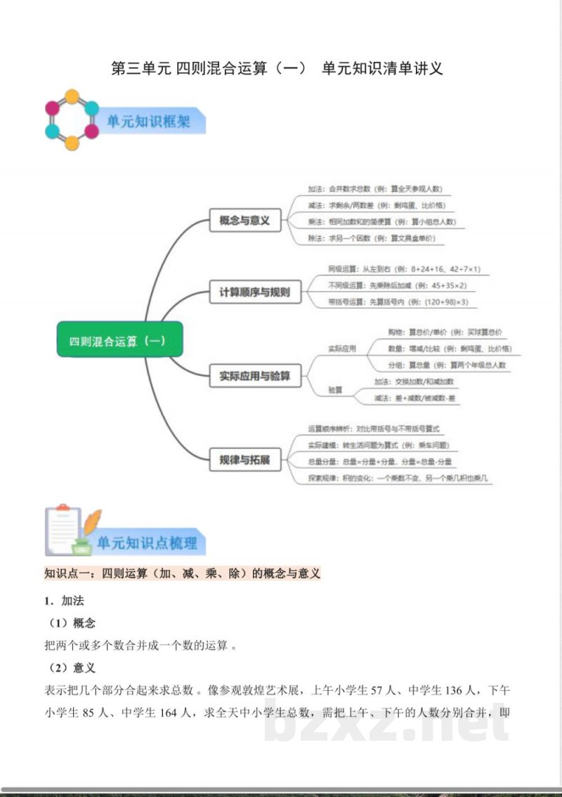 第三单元 四则混合运算（一）（知识清单）数学西师大版三年级上册2025