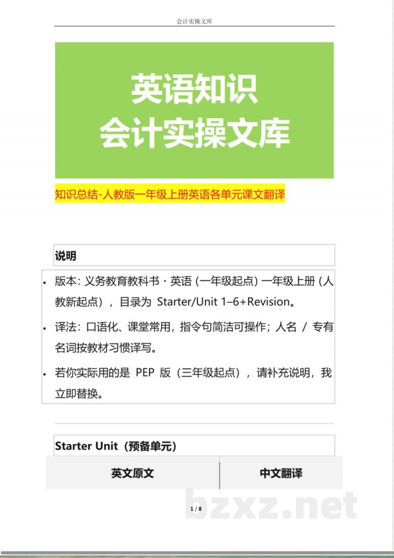 知识总结-人教版一年级上册英语各单元课文翻译 知识总结-人教版一年级上册英语各单元课文翻译