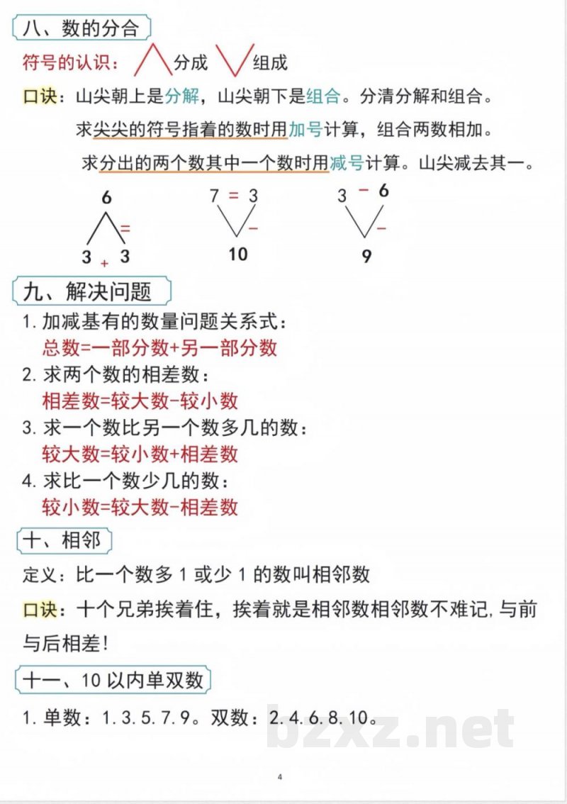 一年级数学上册必备知识点口诀打印 一年级数学上册必备知识点口诀打印
