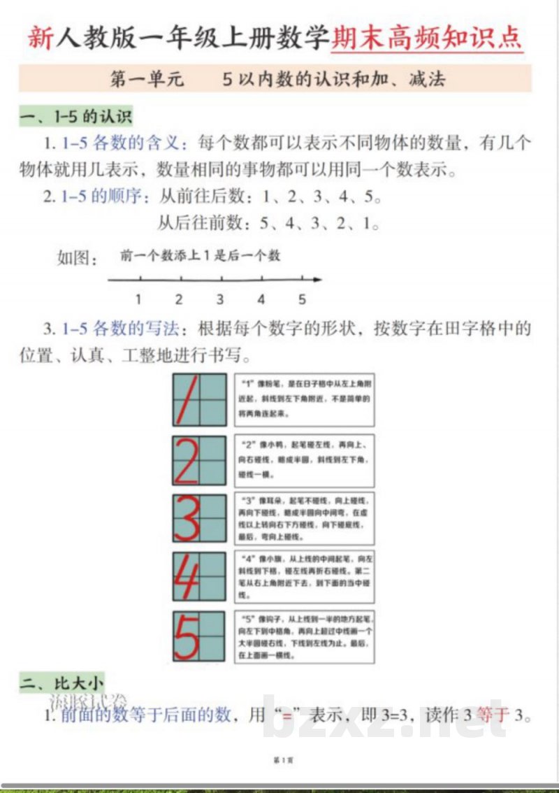 一年级上册数学期末高频知识点 一年级上册数学期末高频知识点