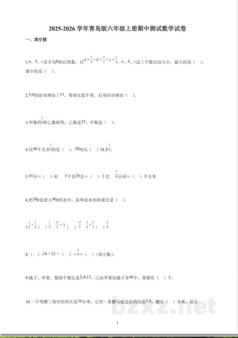 2025-2026学年青岛版六年级上册期中测试数学试卷