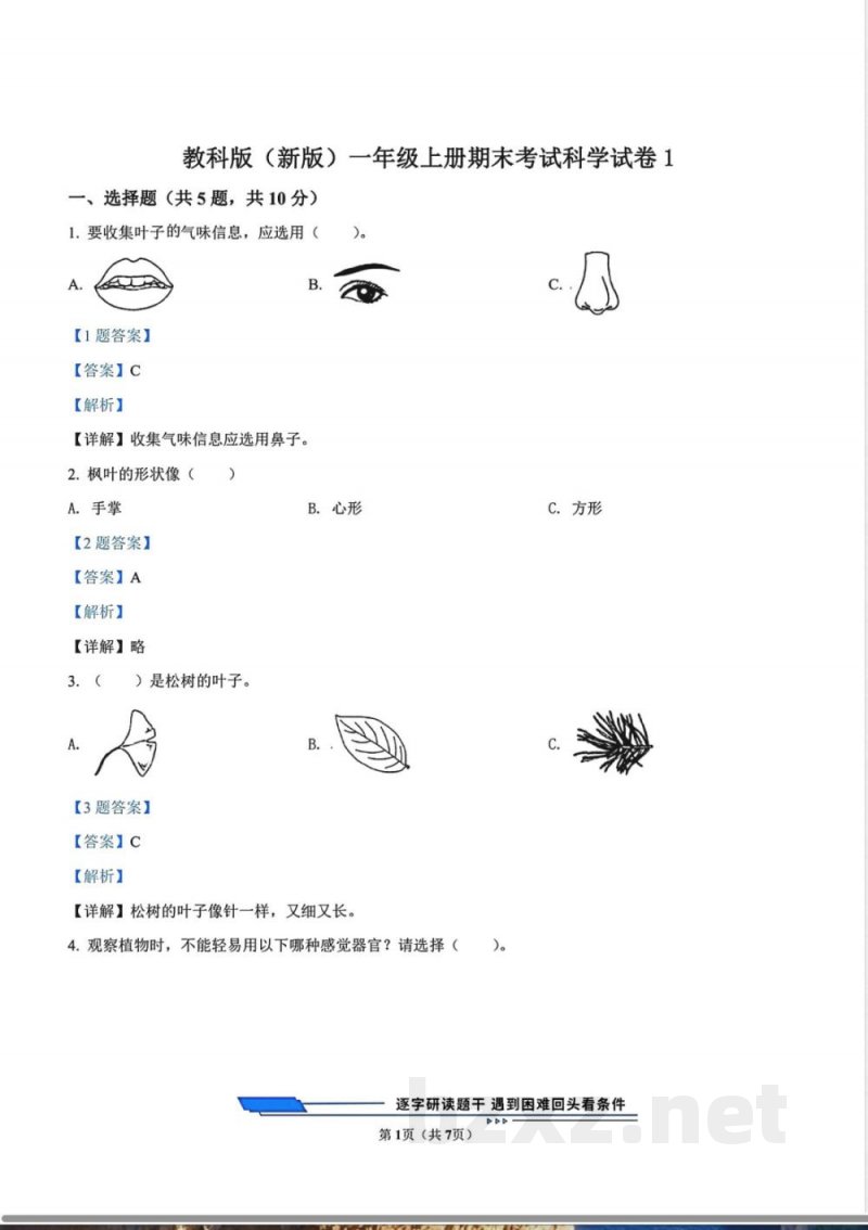教科版(新版)一年级上册期末考试科学试卷1(解析版) 教科版(新版)一年级上册期末考试科学试卷1(解析版)