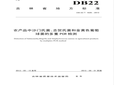 DB22/T 1828-2013农产品中沙门氏菌、志贺氏菌和金黄色葡萄球菌的多重 PCR 检测