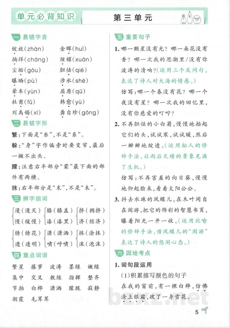 四年级语文下册《必备知识汇总》分单元