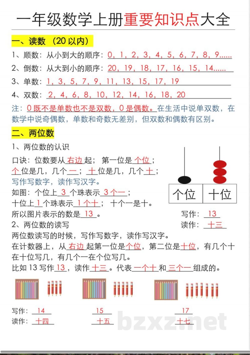 一年级数学上册重要知识点大全(答案版) 一年级数学上册重要知识点大全(答案版)