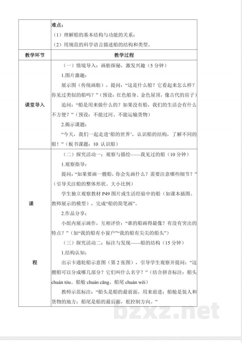 4.10 认识船（核心素养教学设计）科学人教鄂教版二年级上册2025