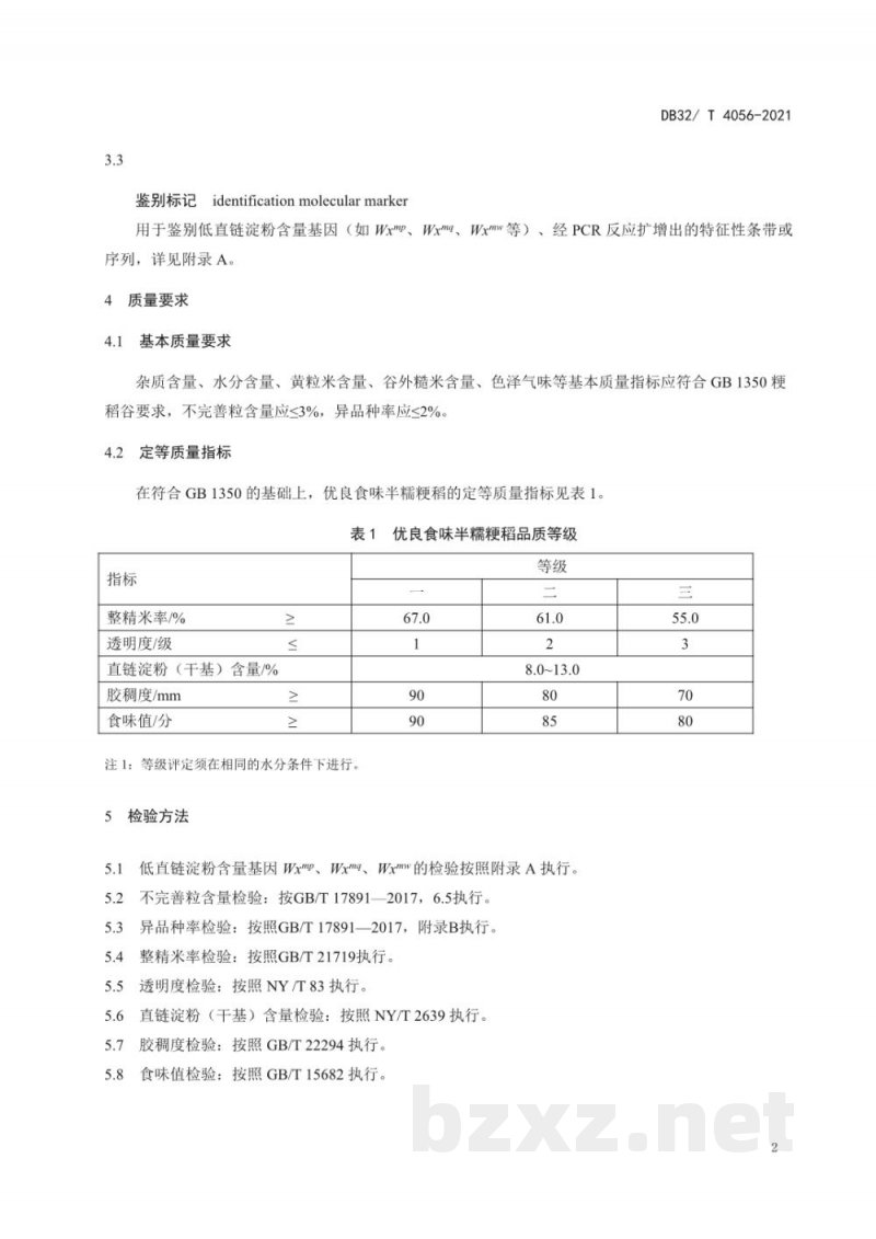 DB32/T 4056-2021优良食味半糯粳稻品质 DB32/T 4056-2021优良食味半糯粳稻品质