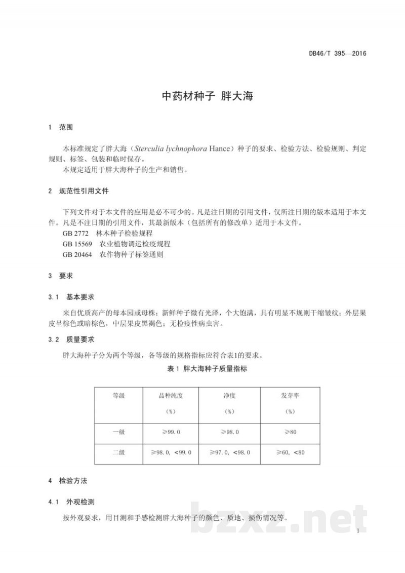 DB46/T 395-2016中药材种子 胖大海 DB46/T 395-2016中药材种子 胖大海