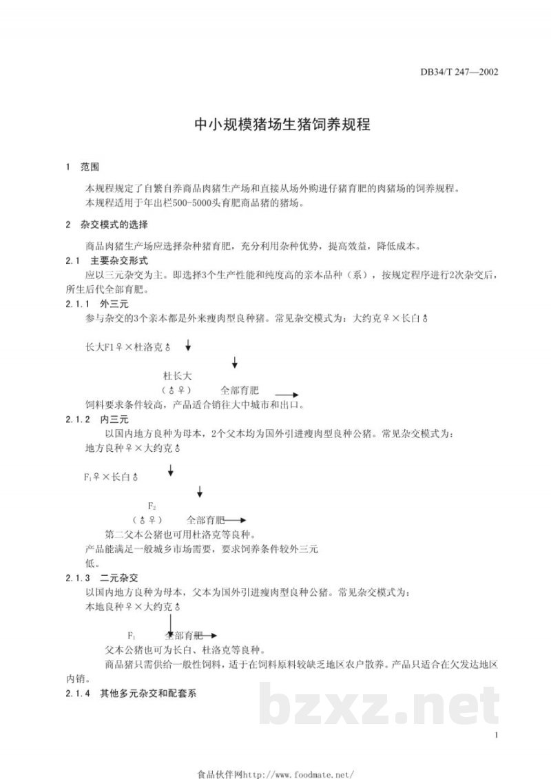 DB34/T 247-2002中小规模猪场生猪饲养规程 DB34/T 247-2002中小规模猪场生猪饲养规程