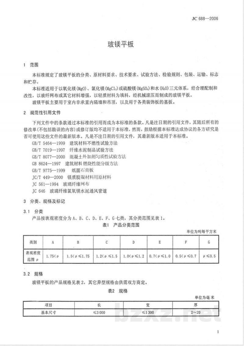 JC 688-2006 玻镁平板 JC 688-2006 玻镁平板