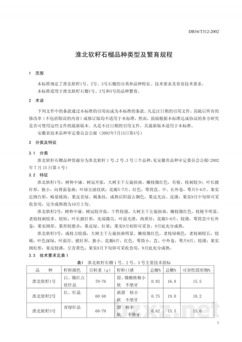 DB34/T 312-2002淮北软籽石榴品种类型及繁育规程