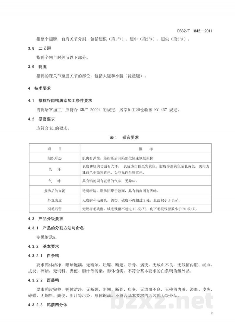 DB32/T 1842-2011樱桃谷鸭生鲜产品分级 DB32/T 1842-2011樱桃谷鸭生鲜产品分级