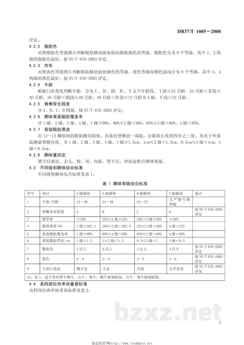 DB37/T 1085-2008鲁西黄牛牛肉分级 DB37/T 1085-2008鲁西黄牛牛肉分级