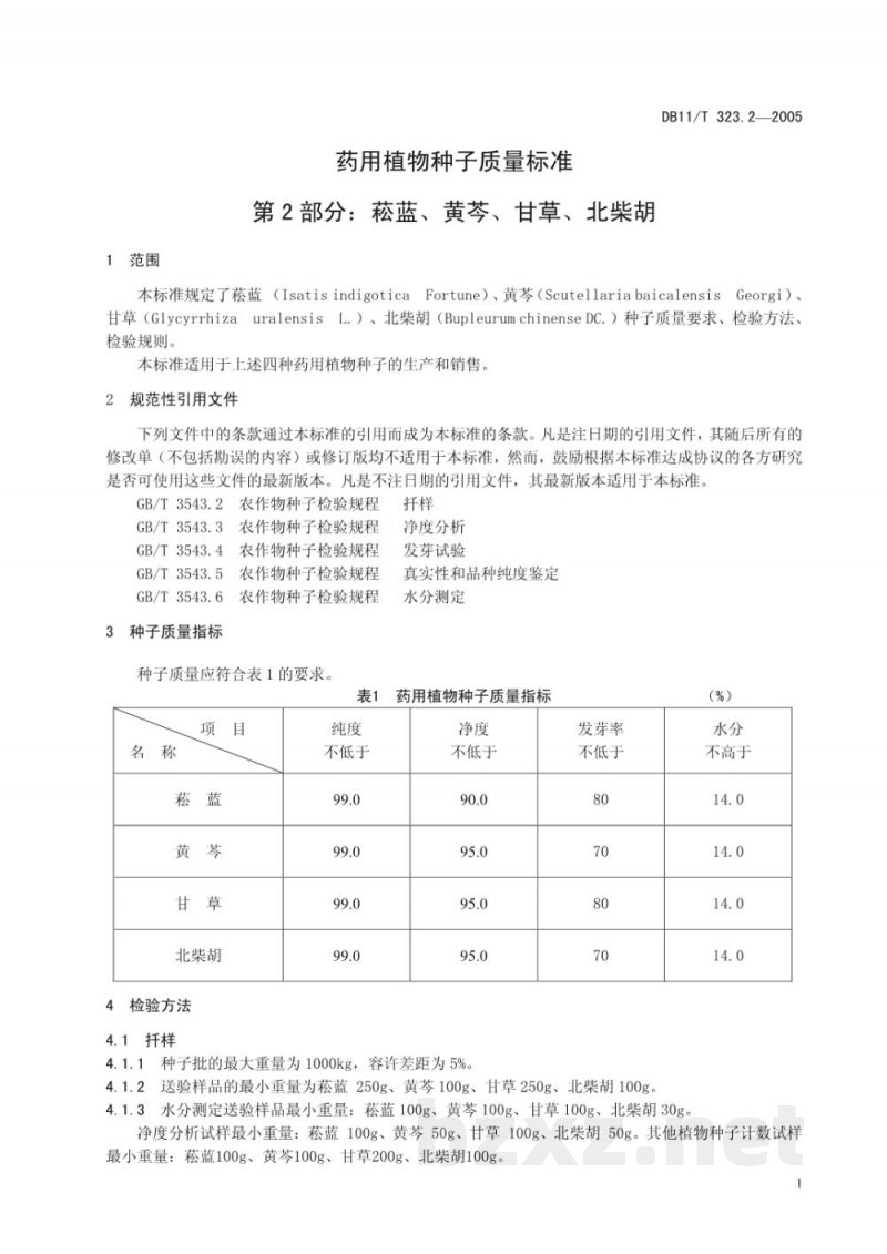 DB11/T 323.2-2005药用植物种子质量标准 第2部分:菘蓝、黄芩、甘草、北柴胡 DB11/T 323.2-2005药用植物种子质量标准 第2部分:菘蓝、黄芩、甘草、北柴胡