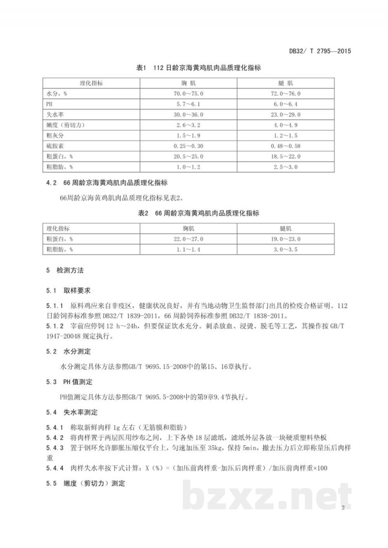 DB32/T 2795-2015京海黄鸡肌肉品质理化指标 DB32/T 2795-2015京海黄鸡肌肉品质理化指标