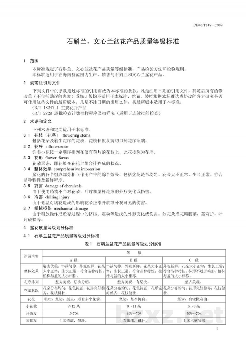 DB46/T 148-2009石斛兰、文心兰盆花产品质量等级标准 DB46/T 148-2009石斛兰、文心兰盆花产品质量等级标准