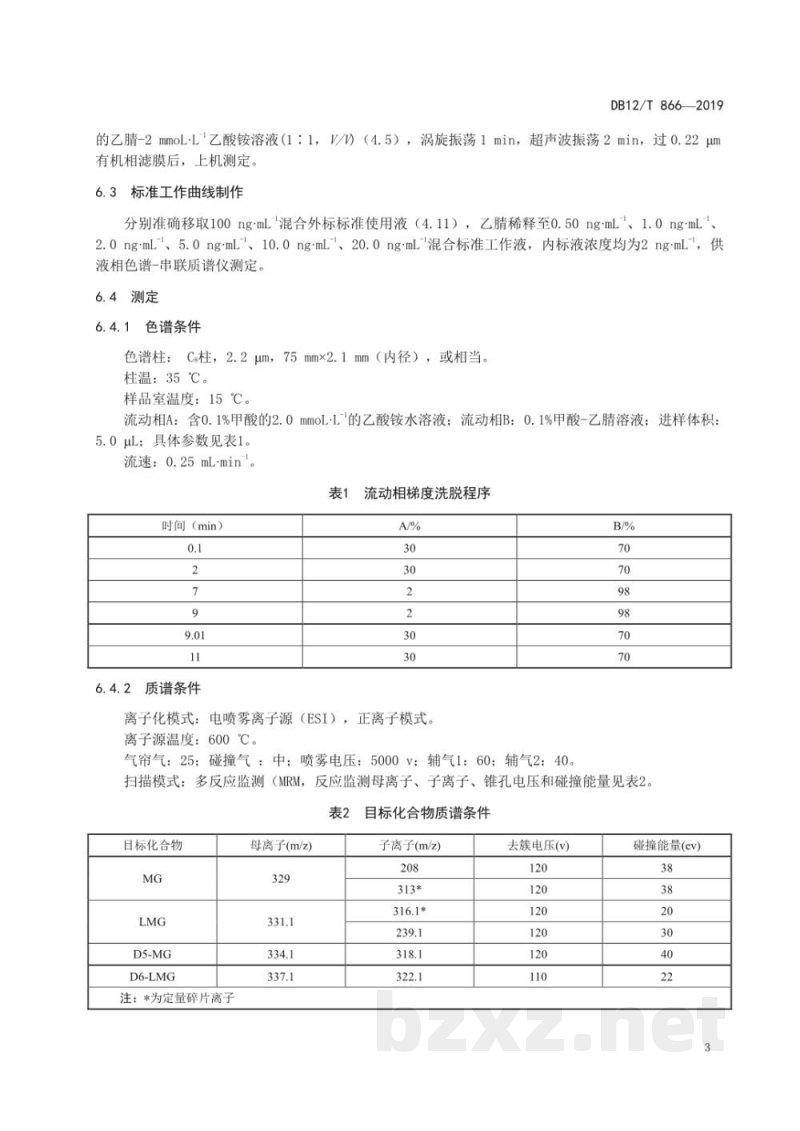 DB12/T 866-2019水和沉积物中孔雀石绿及其代谢物残留量的测定 液相色谱-串联质谱法 DB12/T 866-2019水和沉积物中孔雀石绿及其代谢物残留量的测定 液相色谱-串联质谱法
