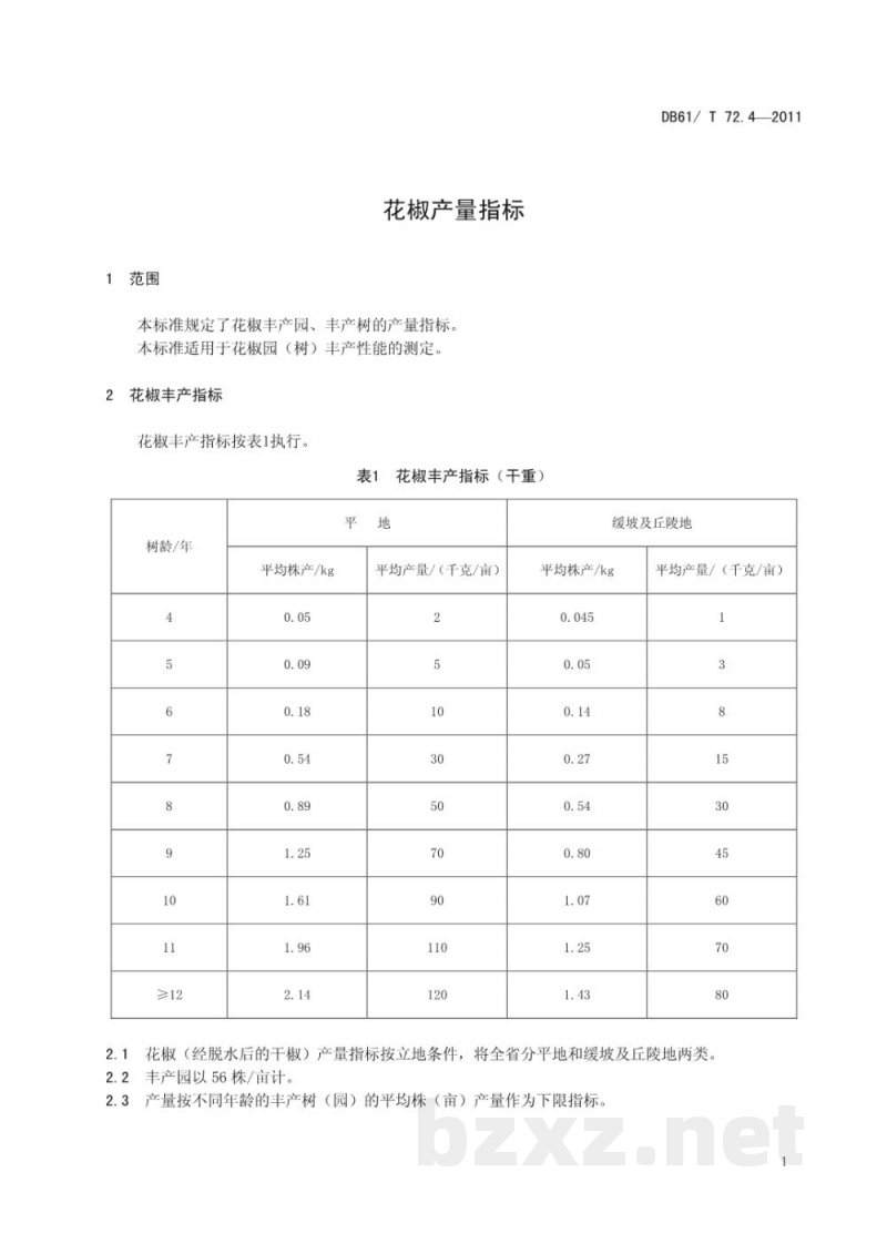 DB61/T 72.4-2011花椒产量指标 DB61/T 72.4-2011花椒产量指标