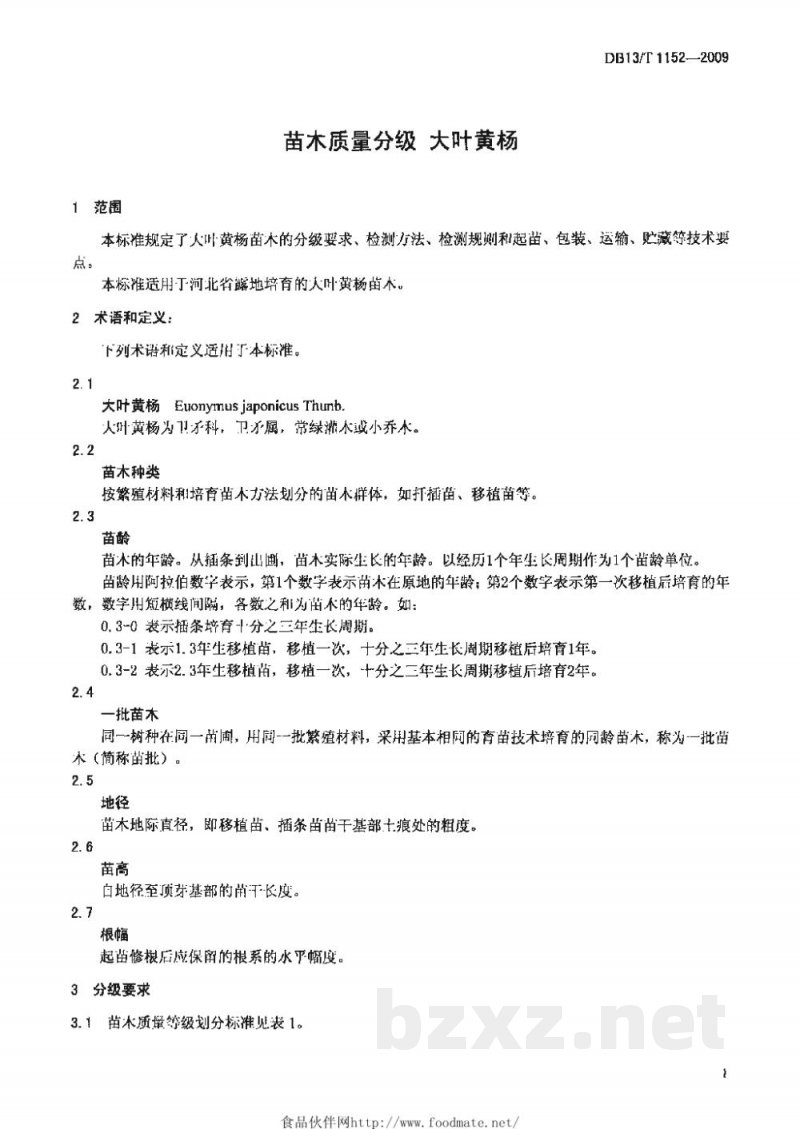 DB13/T 1152-2009苗木质量分级 大叶黄杨