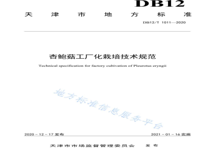 DB12/T 1011-2020杏鲍菇工厂化栽培技术规范