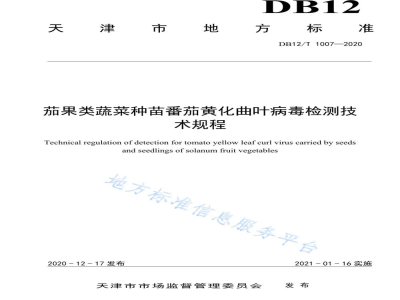 DB12/T 1007-2020茄果类蔬菜种苗番茄黄化曲叶病毒检测技术规程