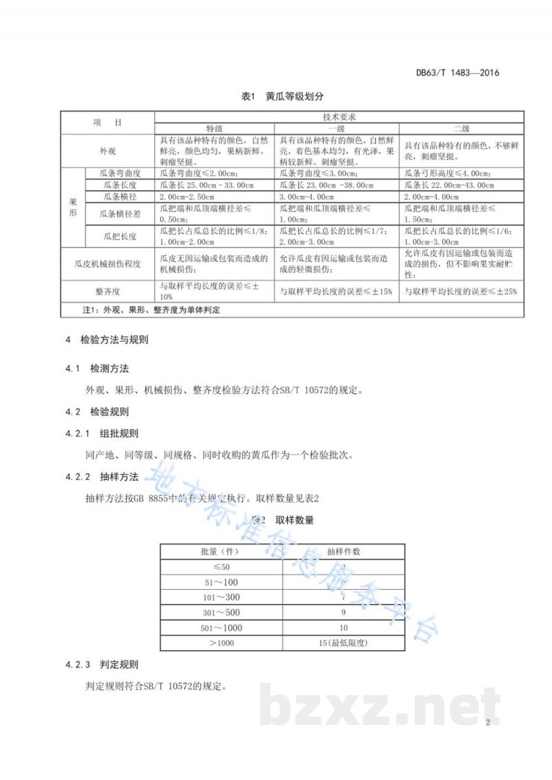 DB63/T 1483-2016密刺型黄瓜分级要求 DB63/T 1483-2016密刺型黄瓜分级要求