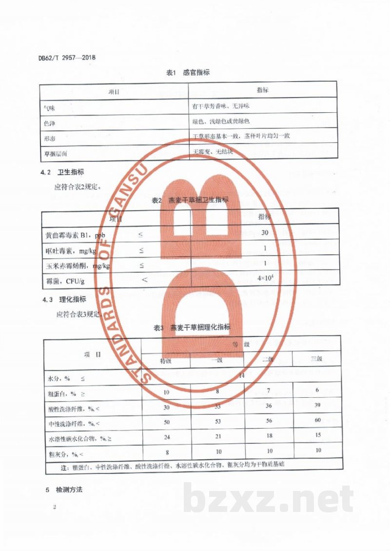 DB62/T 2957-2018燕麦干草捆质量 DB62/T 2957-2018燕麦干草捆质量