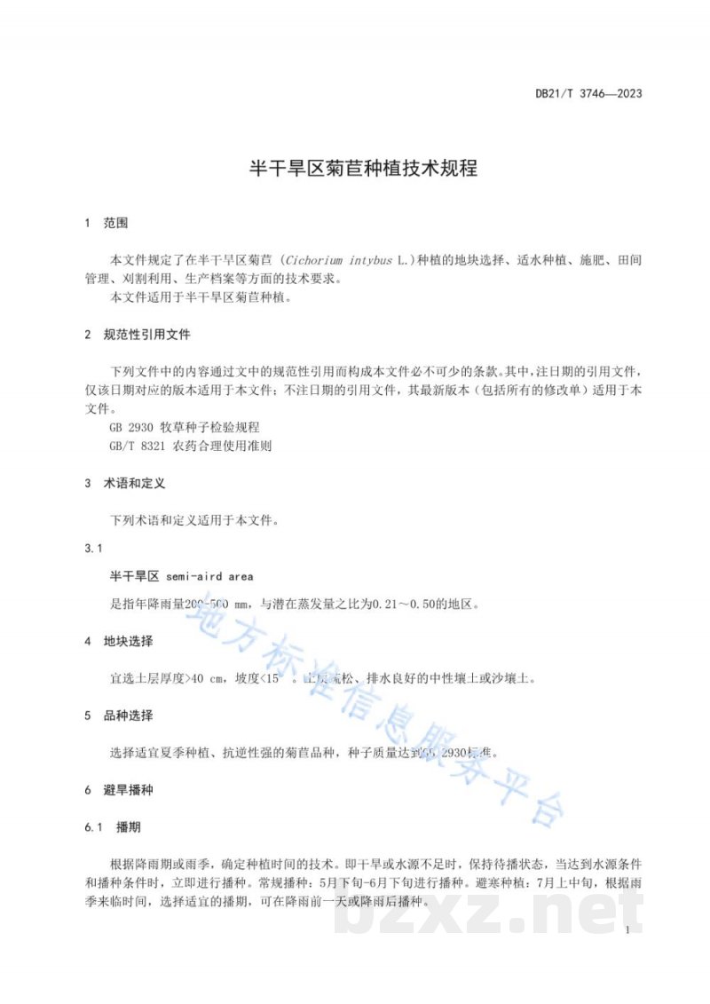 DB21/T 3746-2023半干旱区菊苣种植技术规程 DB21/T 3746-2023半干旱区菊苣种植技术规程