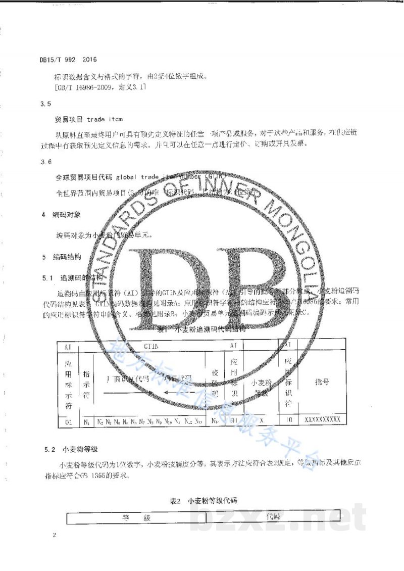 DB15/T 992-2016商品条码 小麦粉追溯码编码与条码表示 DB15/T 992-2016商品条码 小麦粉追溯码编码与条码表示