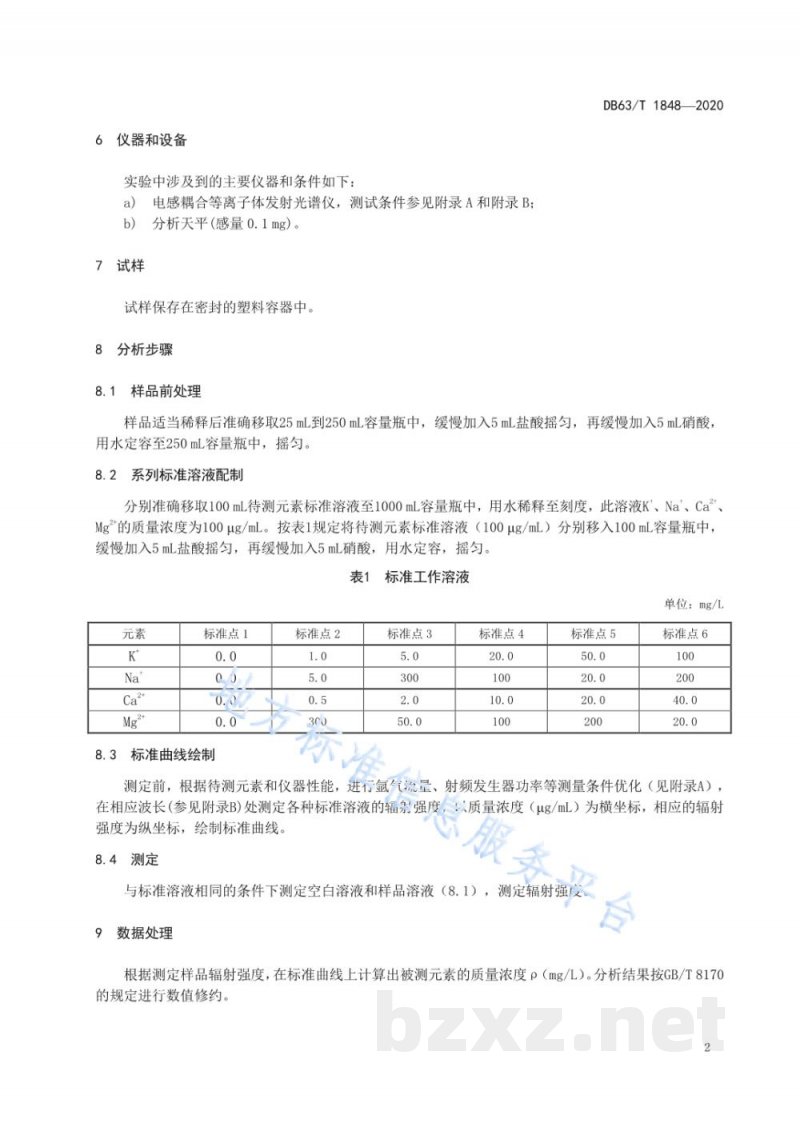 DB63/T 1848-2020卤水中钾、钠、钙、镁的测定 电感耦合等离子体发射光谱法 DB63/T 1848-2020卤水中钾、钠、钙、镁的测定 电感耦合等离子体发射光谱法