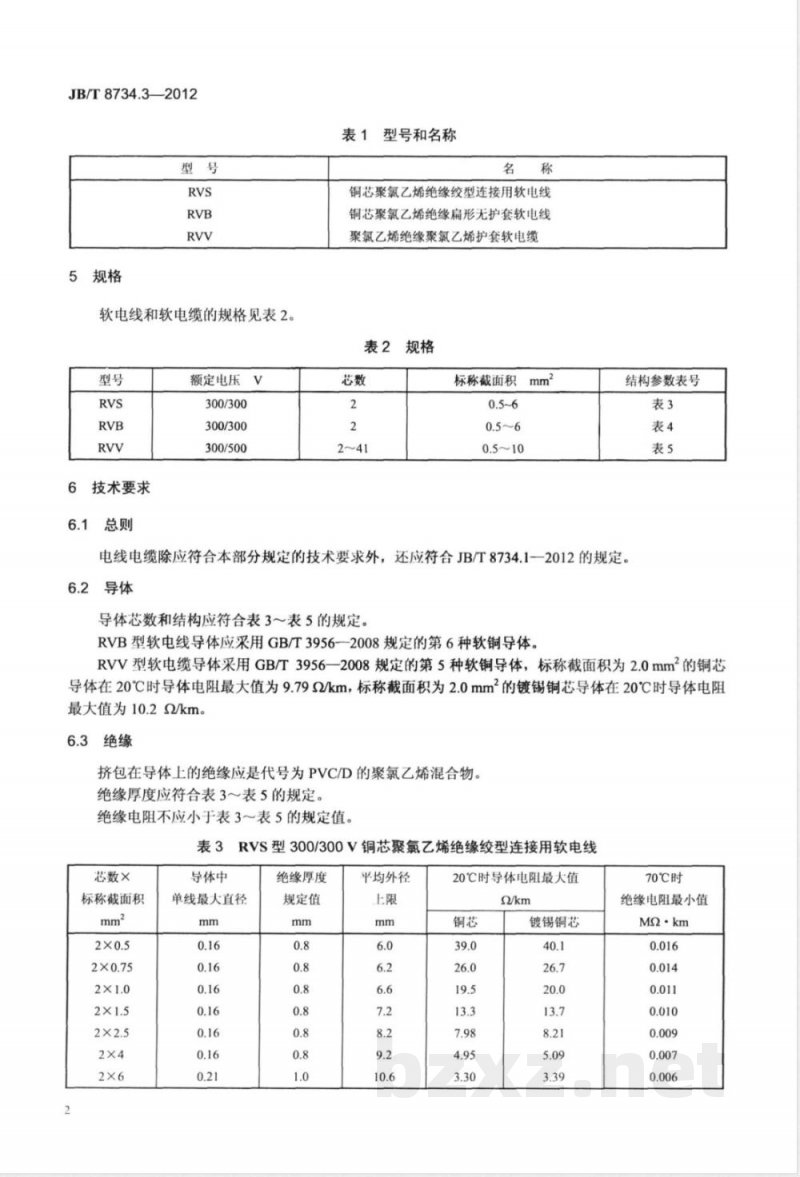 JB/T 8734.3-2012额定电压450/750V 及以下聚氯乙烯绝缘电缆电线和软线  第3部分：连接用软电线和软电缆 
