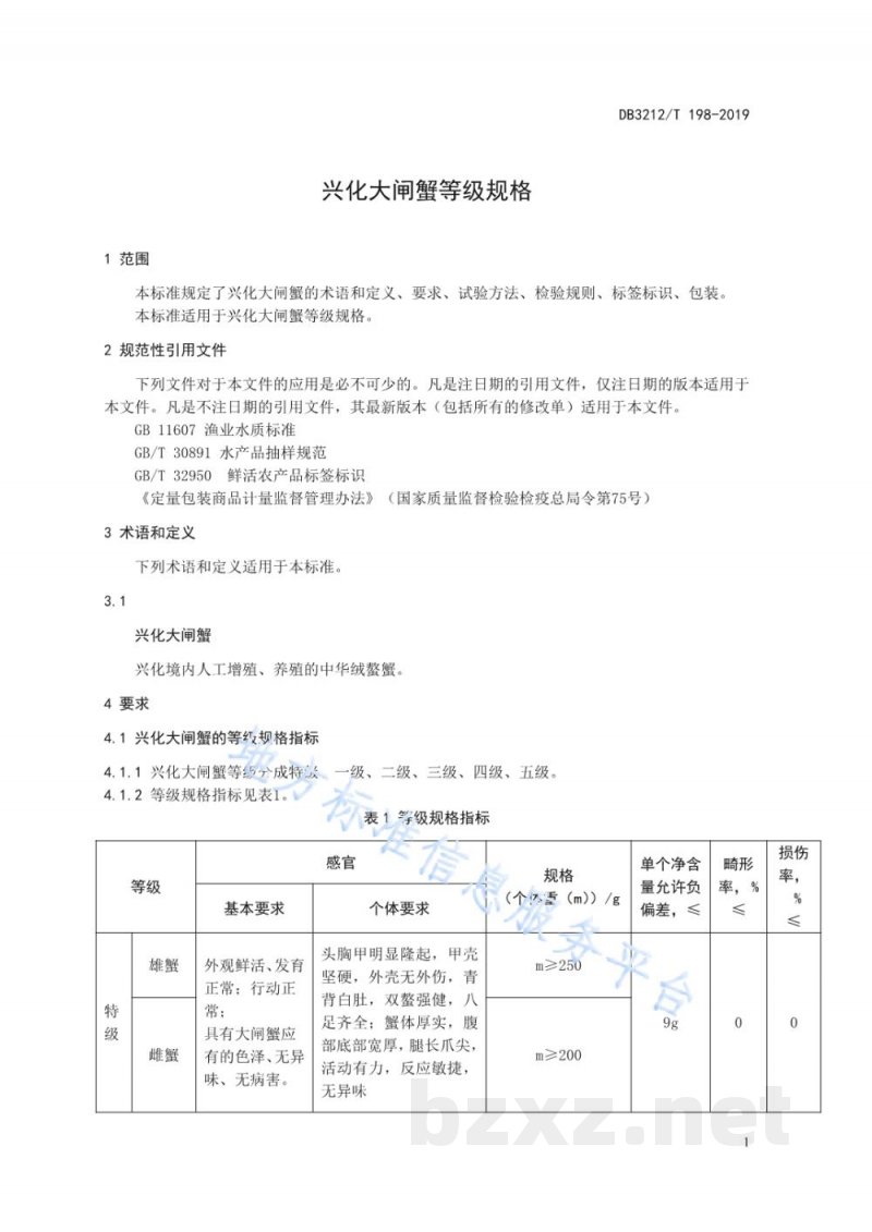 DB3212/T 198-2019兴化大闸蟹等级规格 DB3212/T 198-2019兴化大闸蟹等级规格