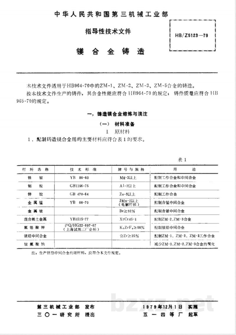 HB/Z 5123-79 镁合金铸造