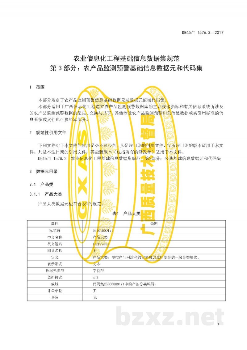 DB45/T 1576.3-2017农业信息化工程基础信息数据集规范 第3部分：农产品监测预警基础信息数据元和代码集