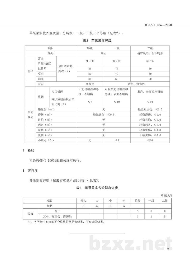 DB37/T 056-2020苹果果实分级与检验 DB37/T 056-2020苹果果实分级与检验