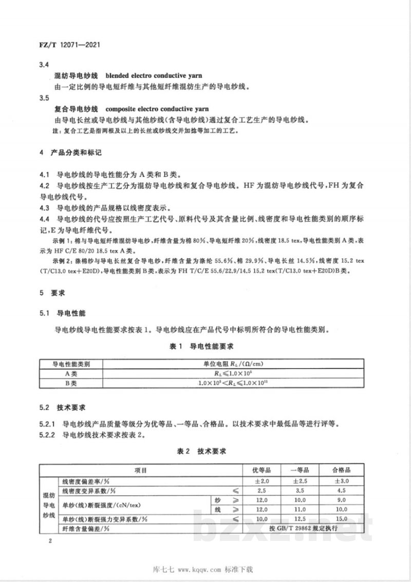 FZ/T 12071-2021导电纱线 