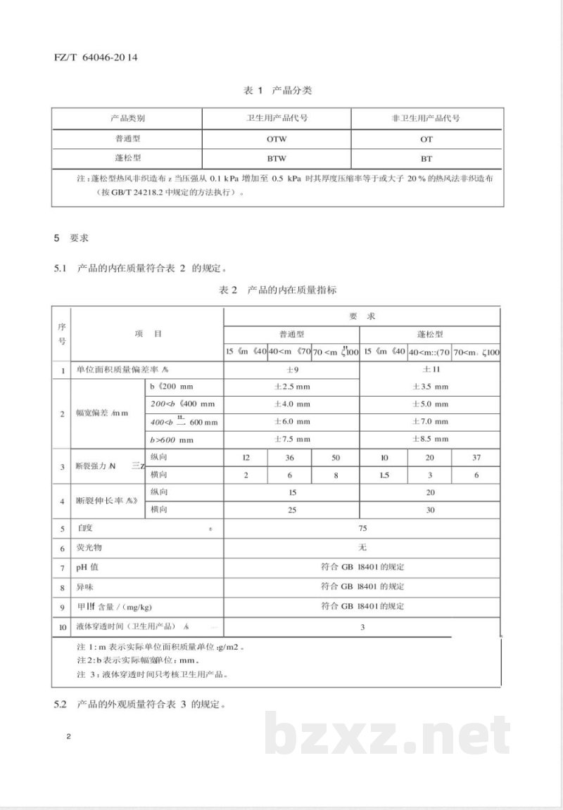 FZ/T 64046-2014热风法非织造布 FZ/T 64046-2014热风法非织造布
