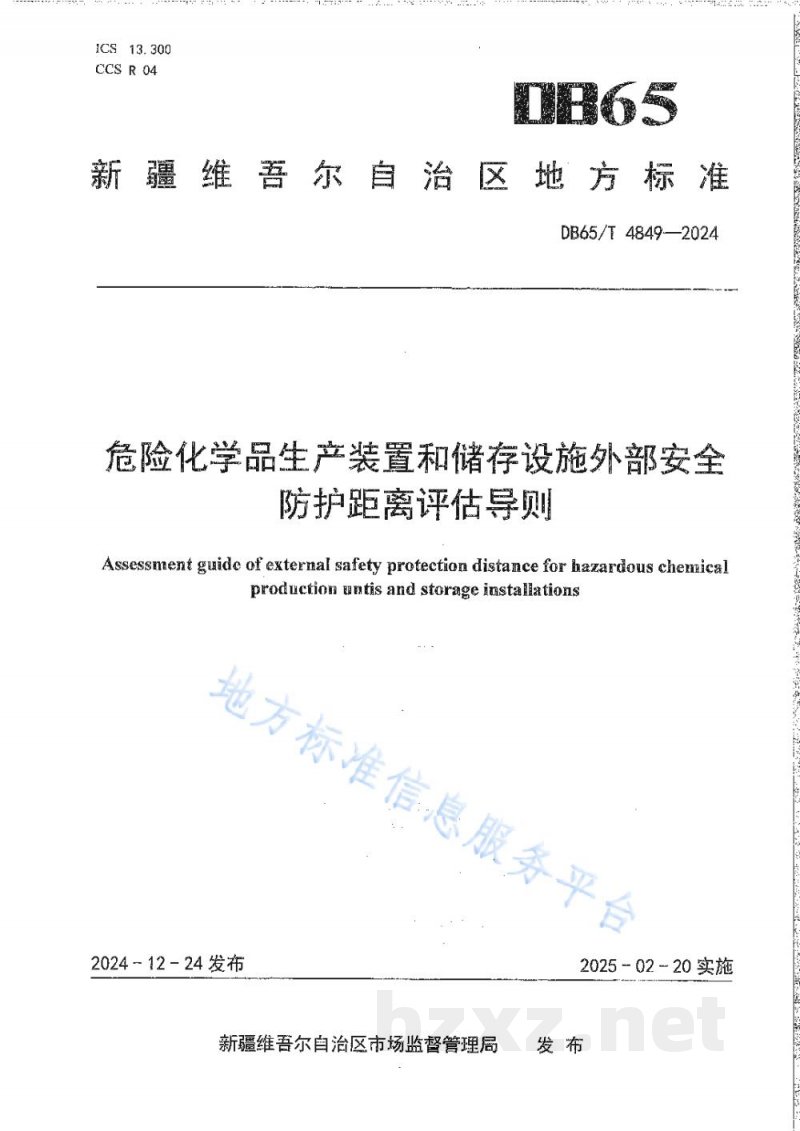 DB65/T 4849-2024危险化学品生产装置和储存设施外部安全防护距离评估导则 DB65/T 4849-2024危险化学品生产装置和储存设施外部安全防护距离评估导则