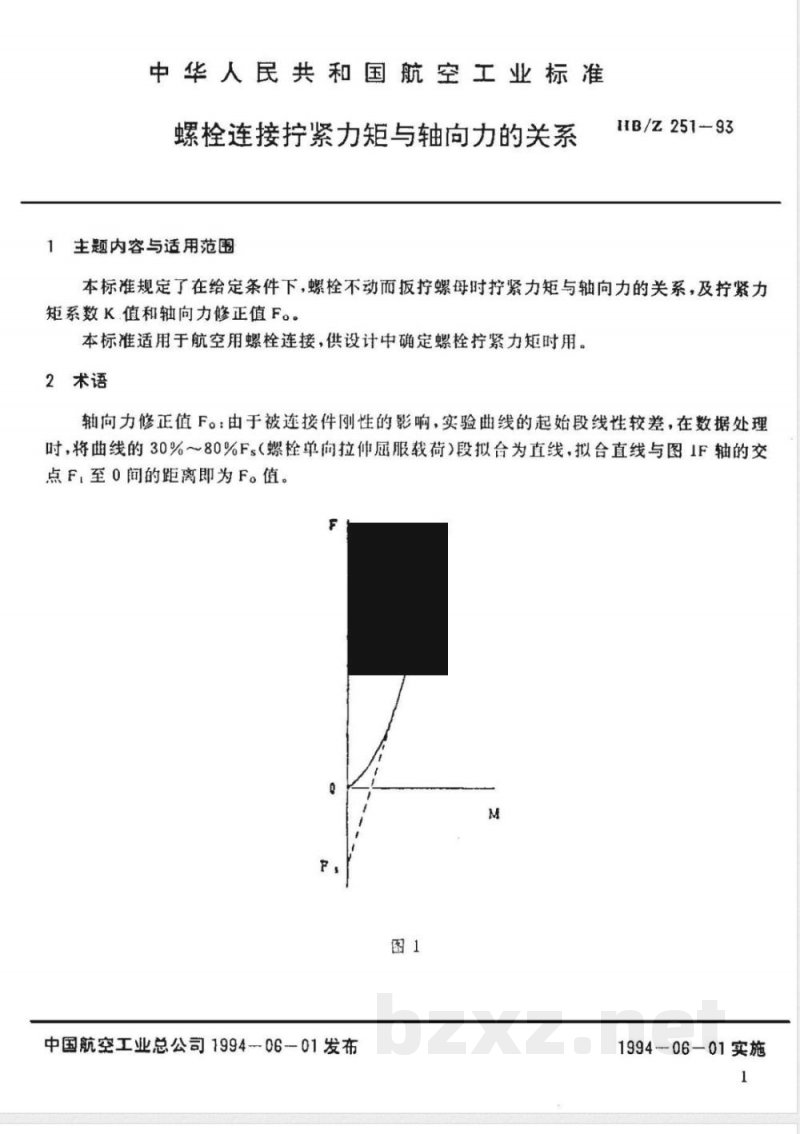 HB/Z 251-1993 螺栓连接拧紧力矩与轴向力的关系 HB/Z 251-1993 螺栓连接拧紧力矩与轴向力的关系