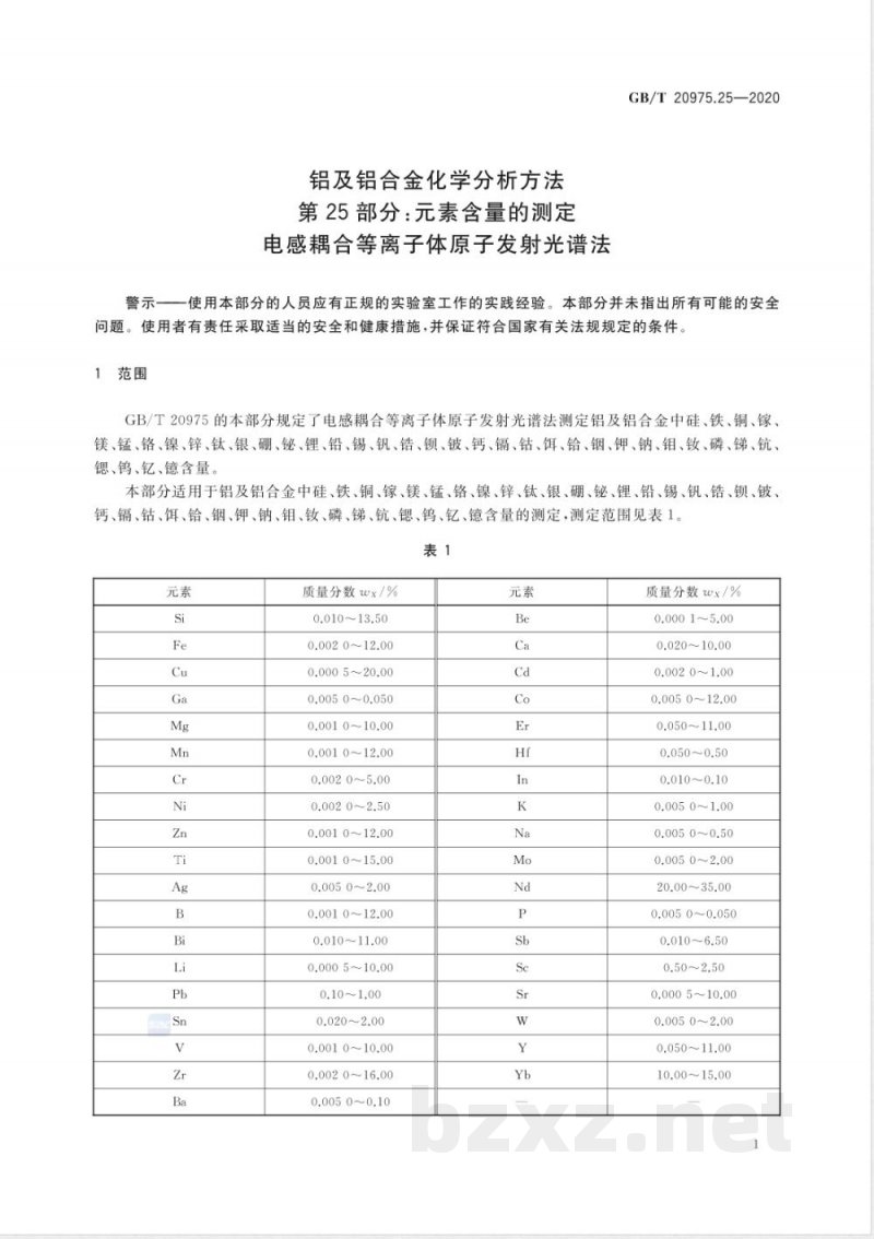 GB/T 20975.25-2020E铝及铝合金化学分析方法 第25部分:元素含量的测定 电感耦合等离子体原子发射光谱法(英文版) GB/T 20975.25-2020E铝及铝合金化学分析方法 第25部分:元素含量的测定 电感耦合等离子体原子发射光谱法(英文版)