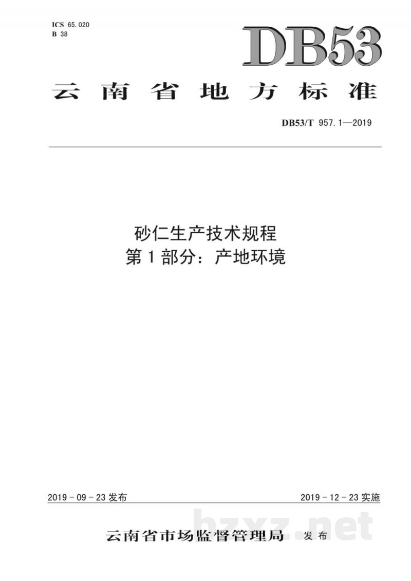 DB53/T 957.1-2019砂仁生产技术规程 第1部分:产地环境 DB53/T 957.1-2019砂仁生产技术规程 第1部分:产地环境